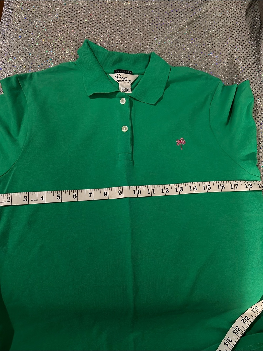 Lilly Pulitzer Green shrunken Polo with Pink Palm tree NWOT LG - Picture 5 of 5